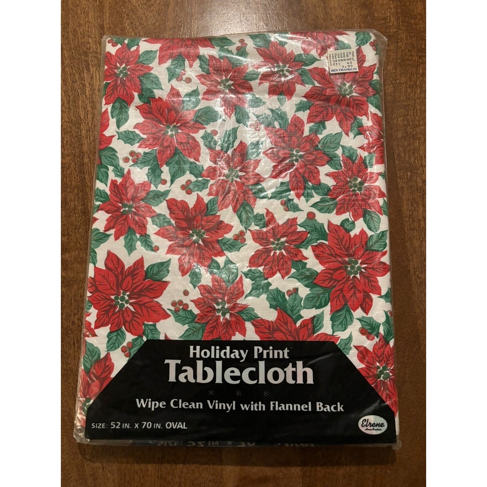 Vintage Tablecloth 52x70 Oval Vinyl Flannel Back USA Poinsettia Christmas 3641